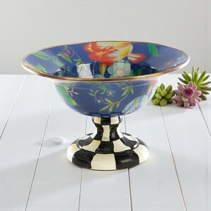 MacKenzie-Childs Blue Floral Pedestal Flower Market Large Compote